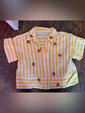 Christian Lacroix Yellow and White Striped Embroidered Blouse